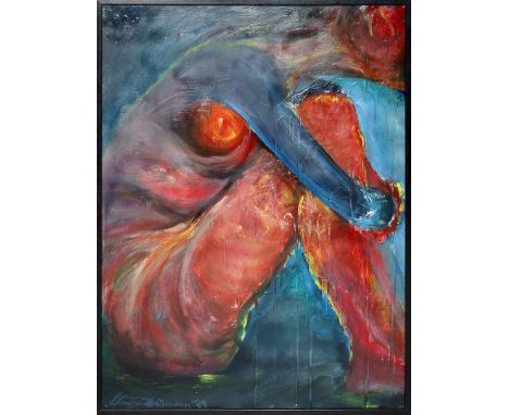 Unbekannter Maler (um 1989) Hockende Figur. Acryl/Mischtechnik/Platte. li. u. unleserlich sign. und dat. (19)89. Ca. 98x 73 c