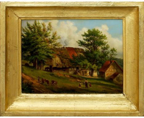 Burckhardt, A. (19. Jh.) Sommerliche Ansicht eines Bauerngehöfts mit Personen und 2 Kühen. Öl/Lwd., re. u. sign. 22x 30 cm. R