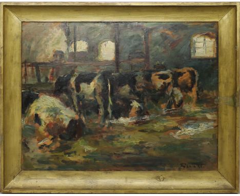 Fähnle, Hans (1903 Flein bei Heilbronn - Stuttgart 1968) Kühe im Stall und Landschaft mit Wanderer (recto/verso). Öl/Sperrhol