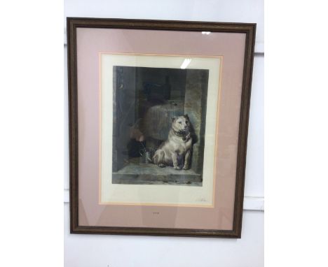 A signed coloured etching. Low Life. Signed bottom right. In modern oak frame. W:72cm x H:86cm