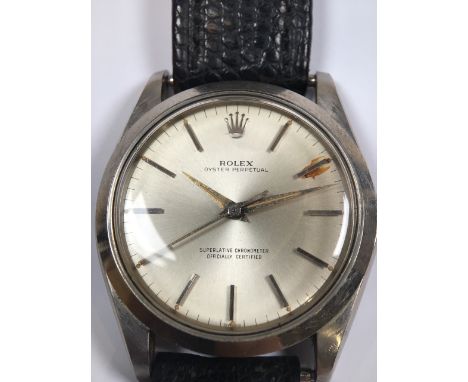 A Gemtlemans vintage stainless steel 34mm Rolex Oyster Perpetual wristwatch, baton hour markers, serial number 865684 etched 