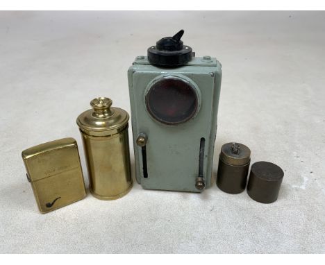 An early stop go hand held signal mans lantern also with a trench art lighter and more.W:6.5cm x D:3cm x H:13cm