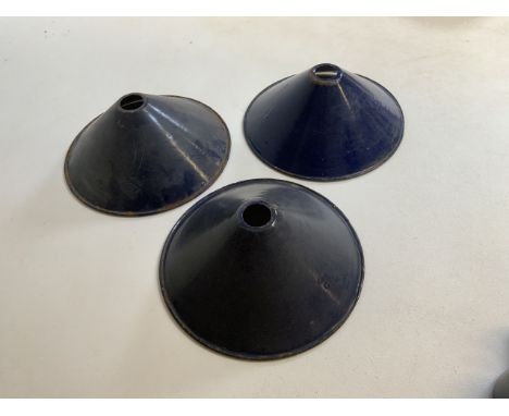 Three enamel early mid century blue painted light shades. W:23cm x D:23cm x H:10cm