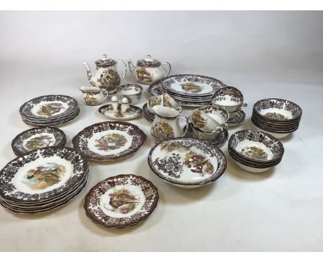 Royal Worcester Palissy game series dinner ware including serving platters, dinner plates, soup bowls, tea and coffee pots an