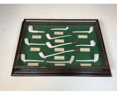 A glazed display box containing examples of ornate clay pipe bowls, of various makes, to include 16th/17th century style, Iri
