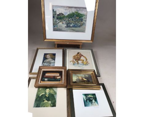 A selection of prints an oleograph of ships an oil and a watercolour.