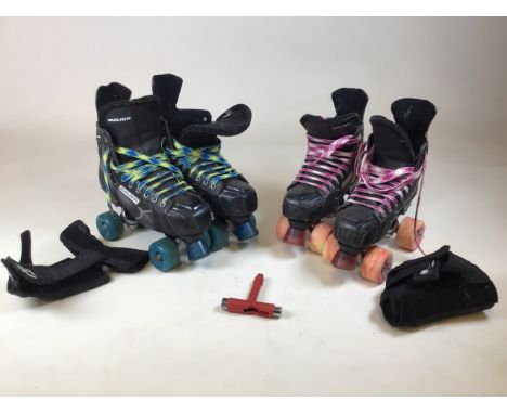 A pair of Bauer roller skates. Size 10.5 and 6.5. With protective elbow pads.