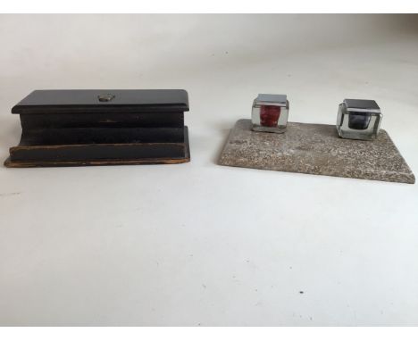 An Art Deco marble ink stand with glass ink wells with chrome tops and a wooden pen and ink stand with the Ravenclaw emblem o