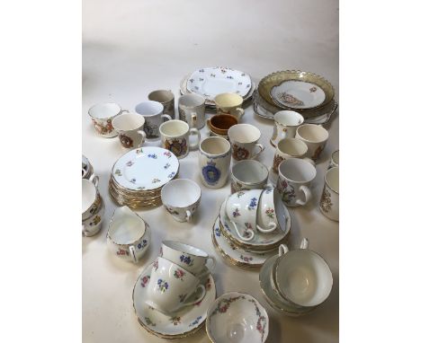 A large box of mixed China to include a part Adderley floral tea set, Colclough items commemorative plates and cups and other