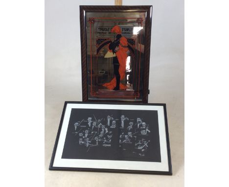 An Art Deco style mirror also with a white chalk study of an orchestra. Mirror W:35cm x H:50cm