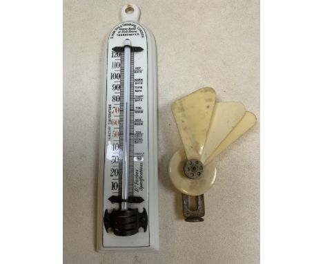 An early Labrise plastic fan also with a ceramic thermometer S.Maw and Thompson London. House bath and sick room. H:25cm