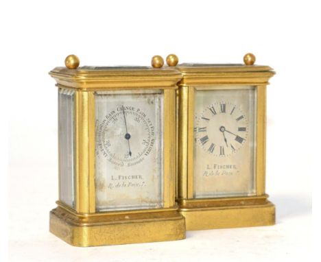 A brass carriage timepiece and a aneroid barometer, both retailed by L.Fischer, R de la Prix, circa 1910, one displaying an a