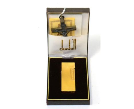 Dunhill lighter with paperwork in original box (unused) and a continental crucifix