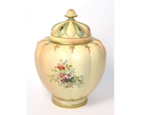 A Royal Worcester pot pourri vase, cover and inner cover, 1902, of melon fluted form, painted with flower sprays on a blue gr