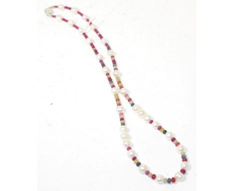 A cultured pearl, ruby and coloured sapphire bead necklace, with ruby set clasp, 67cm long 