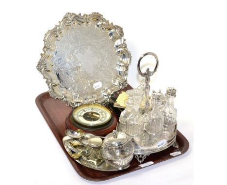A plated cruet set, plated tray, inkwell, aneroid barometer, silver mounted knife rests, silver mounted ivorine case dated 19