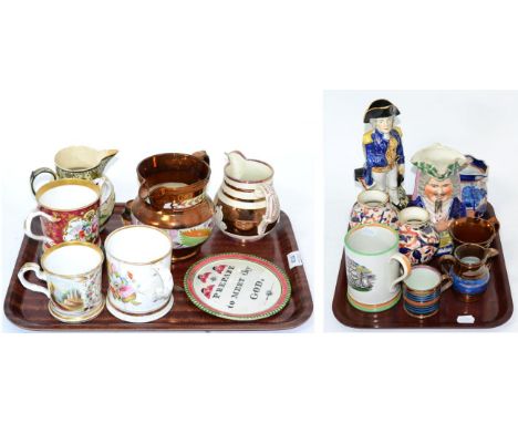 A group of 18th and 19th century English pottery and porcelain including Staffordshire toby jugs including one of Nelson, pai