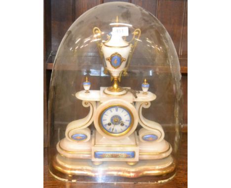 Onyx striking mantel clock, beneath glass dome 