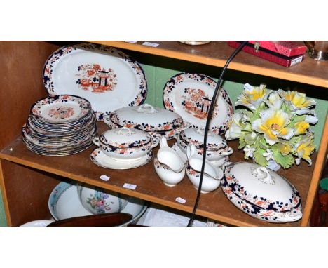 A 19th century Myott part dinner service, Capodimonte floral encrusted centrepiece, table linen, loom shuttle, pair of Staffo