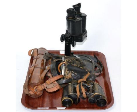 A leather cased telescope and microscope stamped Cooke & Sons and two pairs of binoculars 