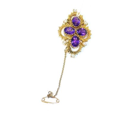 A 9ct gold amethyst and pearl brooch 