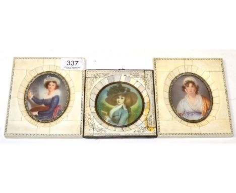 After Vigee Lebrun, self portrait at an easel, watercolour together with a further miniature of Sarah Siddons and another (3)