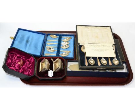 Two sets of six silver tea spoons, pair of cased silver salts, teaspoons, pickle fork etc 