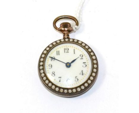An enamel and split pearl set fob watch, 1910, cylinder movement, enamel dial with Arabic numerals, split pearl set borders, 