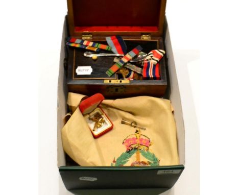 A 9ct gold signet ring, a bar brooch stamped 9ct, WWII general service medals, costume jewellery etc in a rosewood tea caddy 