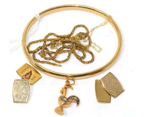 A pair of 9ct gold double cufflinks, a bangle, a Portuguese cockerel charm and two chains (5)Gross weight 18.2 grams 