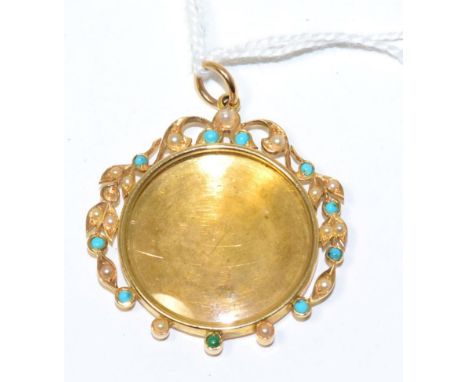 A turquoise and seed pearl locket pendant, the central circular glazed locket with a wreath motif surround set with seed pear