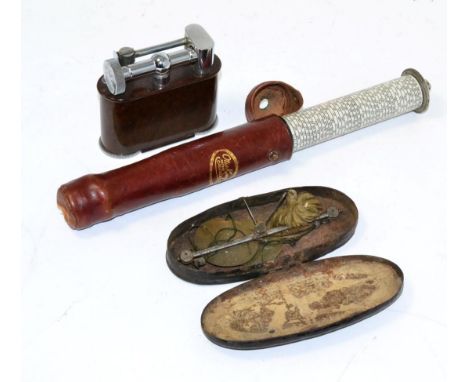 A pair of early 19th century gold scales in a metal case, Otis King's pocket calculator and a bakelite 'The Classic Jumbo' li