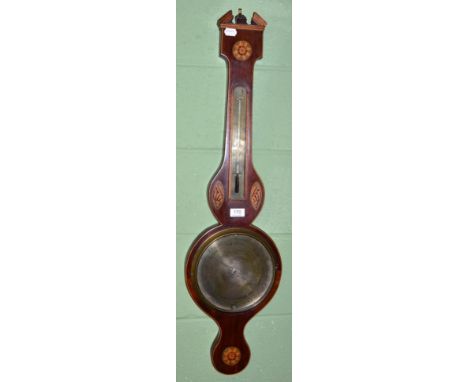 Mahogany inlaid shell barometer with silvered dial signed V M Astaglio & Co, 169 Pilgrim St, Newcastle 