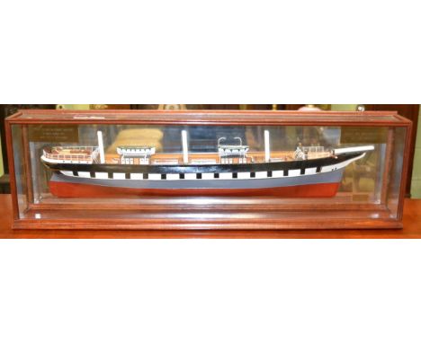 A half hull ships model in a glazed case 