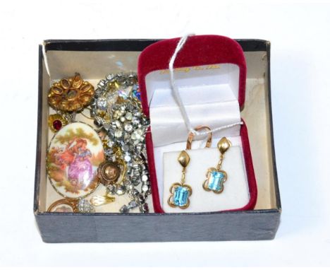 A pair of topaz drop earrings, an opal ring, a pair of 9ct earrings and costume jewellery 