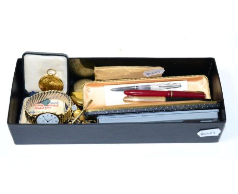 A 9ct gold cased Rotary gents wristwatch, a plated pocket watch, a Parker 61, a Parker ''Slimfold'' each with 14k nibs, anoth