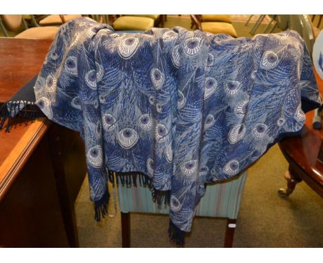 A large Liberty peacock patterned cotton wrap/shawl, with navy blue wool reverse
