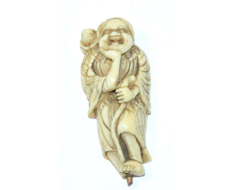 19th century Japanese ivory netsuke, figure with toad on shoulder 