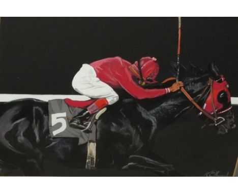 K. ELLWOOD (XX). Twentieth century horse racing scene, signed lower right, mixed media on card, framed and glazed, 29 x 38 cm