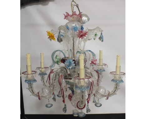 A LARGE TRADITIONAL MURANO GLASS CHANDELIER, six branch, with numerous swirled and coloured leaf drops and coloured flowers, 
