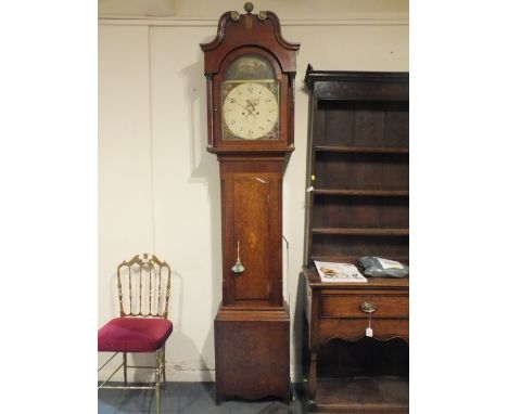 A 19TH CENTURY OAK AND MAHOGANY LONGCASE CLOCK WITH EIGHT DAY MOVEMENT, the painted face with date aperture, makers name 'Har