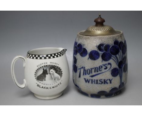 A BUCHANAN'S BLACK AND WHITE SCOTCH WHISKY JUG, H 11 cm, together with a 'Thorne's' whisky barrel stamped made in Prussia (2)