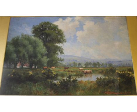 ARTHUR STANLEY WILKINSON (c.1860-1930).  Cattle watering in a country landscape, signed lower right, oil, gilt framed and gla