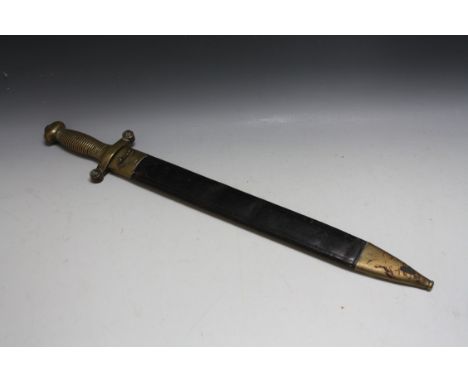 A FRENCH GLADIUS TYPE SHORT SWORD, stamped Chatellerault 1833, with leather scabbard, L 65.5 cm