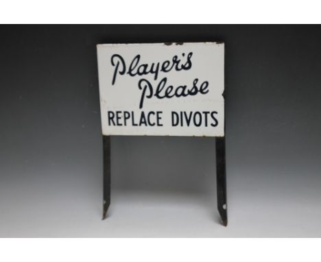 A VINTAGE 'PLAYER'S PLEASE' ENAMEL 'REPLACE DIVOTS' SIGN, W 20.75 cm