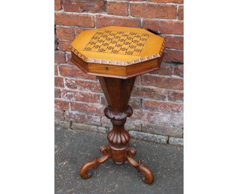 A VICTORIAN INLAID TRUMPET SHAPED WORK TABLE, the hinged lid opening to a fitted interior, raised on a carved tripod base, H 