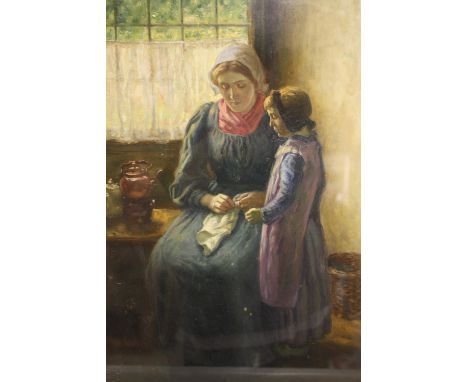 JOHN PATRICK DOWNIE (1871-1945). Scottish school, cottage interior with Mother and Daughter, 'The First Lesson' see label ver