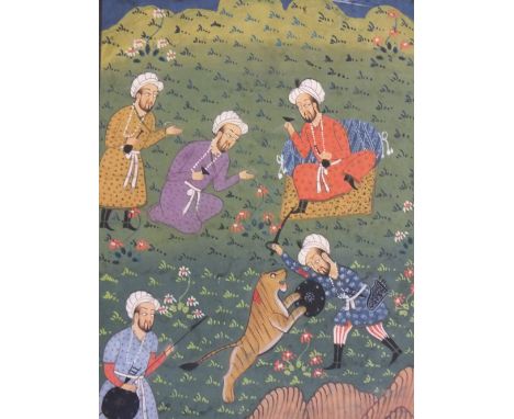 (XVIII - XIX). Moghul school, figures hunting a tiger, unsigned, inscribed verso, mixed media on paper, unframed together wit