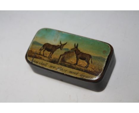A PAPIER MACHE SNUFF BOX DECORATED WITH DONKEYS, W 7.5 cm