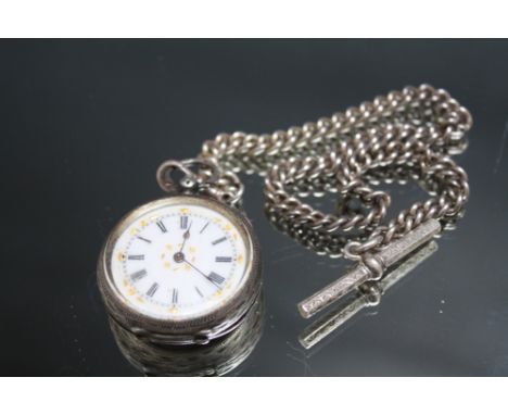 AN INLAID FOB WATCH ON ALBERT CHAIN, Dia. 4.25 cm